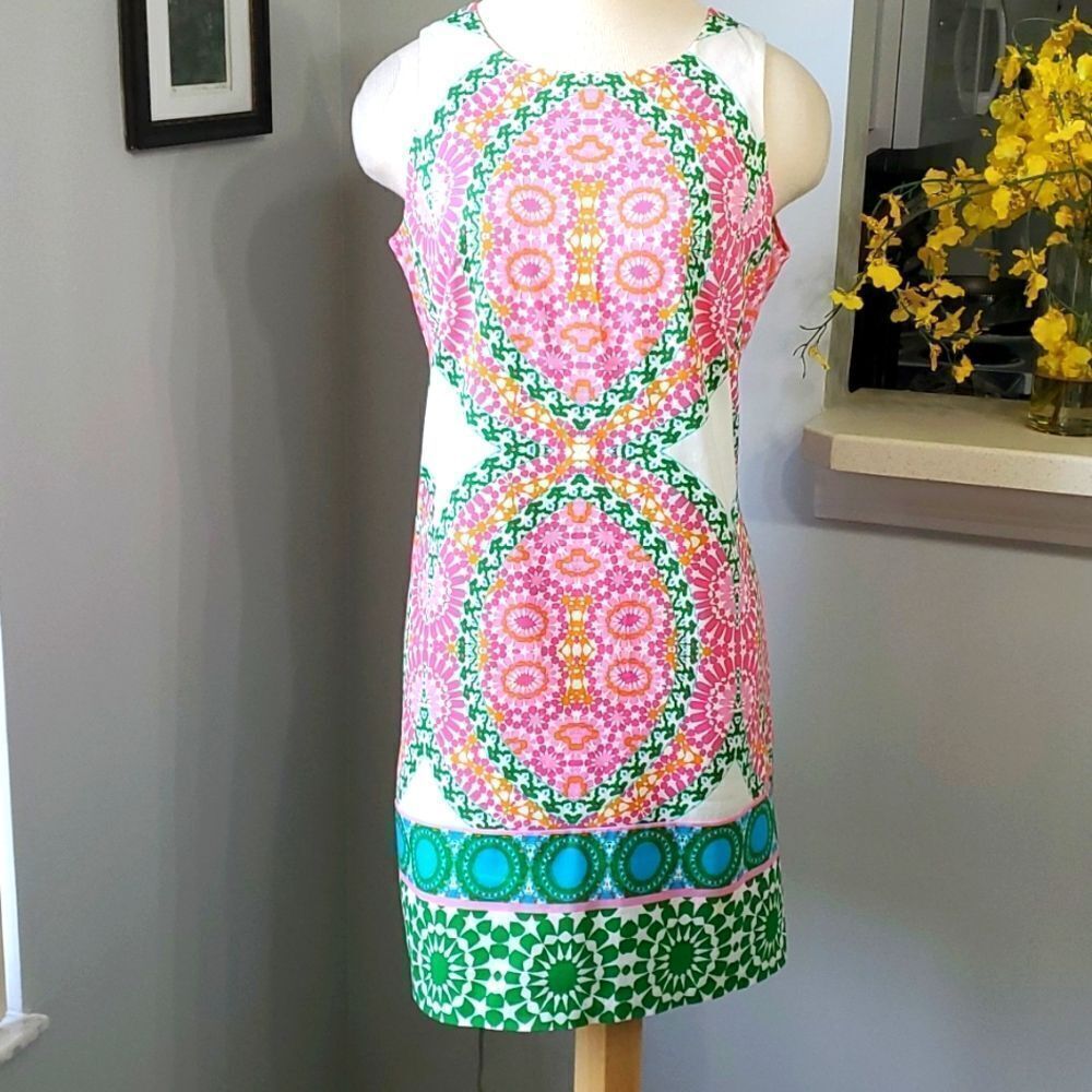 London Times White Midi Dress with Pink, Green and Turquoise Print